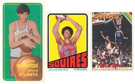 1970-1975 Basketball Hall Of Fame Rookie Card Collection (3 Different Cards) - Including Pete Maravich, Moses Malone & Julius Erving